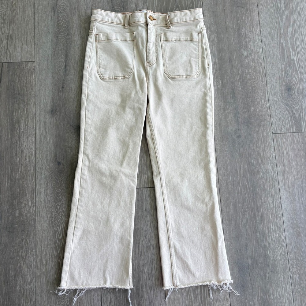 Zara Womens Beige Denim Front Pockets High Rise Crop Raw Hem Wide Leg Jeans 10